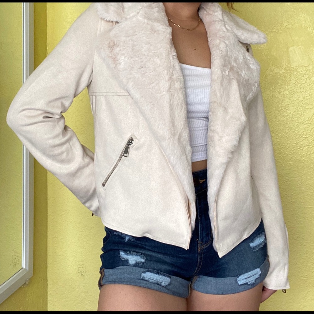 Faux Fur Trim Moto Style Jacket